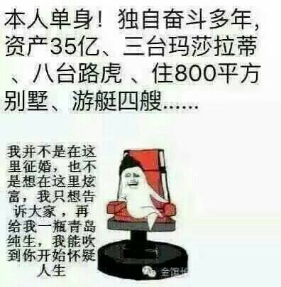 本人单身！独自奋斗多年，资产35亿，三台玛莎拉蒂、几台路虎、住800平方别墅、游艇四艘！