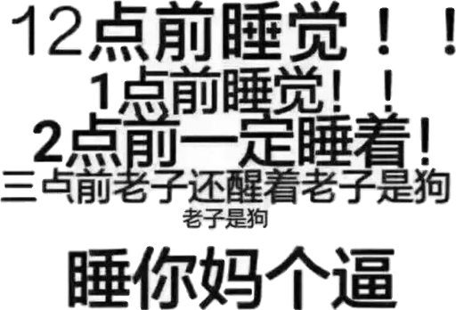 12点前睡觉，1点前睡觉，2点前一定睡着，三点前老子还醒着老子是狗，老子是狗，睡你妈个逼！（文字表情）