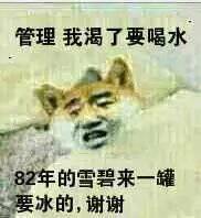 管理，我渴了要喝水，82年的雪碧来一罐要冰的，谢谢！（小黄狗）