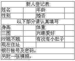 新人登记表，附上银行帐号密码和裸照