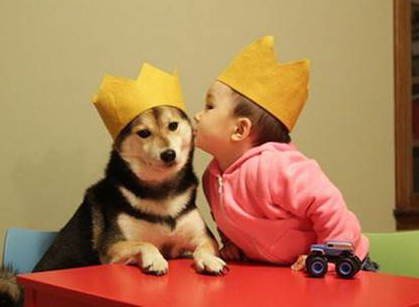 宝宝亲一下狗头，还挺有默契