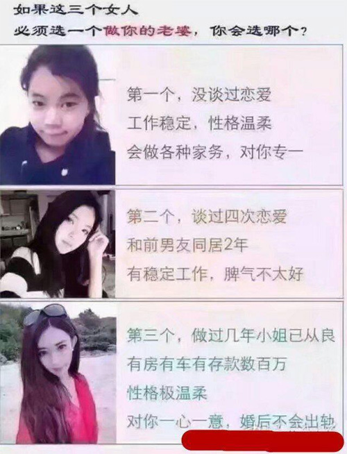 以下三个女人给你做老婆，你会选哪一个