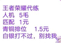 王者荣耀代练，人机5毛，匹配1元，青铜排位1.5元，白银打不过别找我