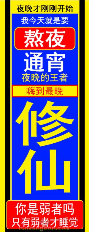 夜晚才刚刚开始，我今天就是要熬夜通宵夜晚的王者，嗨到最晚，修仙！你是弱者吗？只有弱者才睡觉！